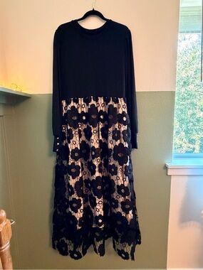 SHEIN Black Long Sleeve Maxi Dress with Floral Lace Overlay